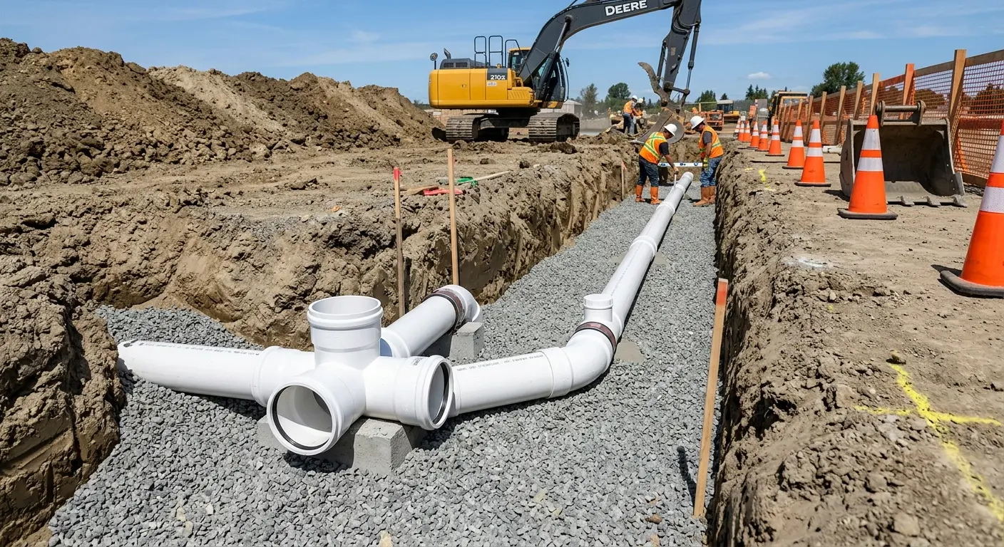 New PVC sewer pipe installation in open trench for Commercial Drain Cleaning in Columbus