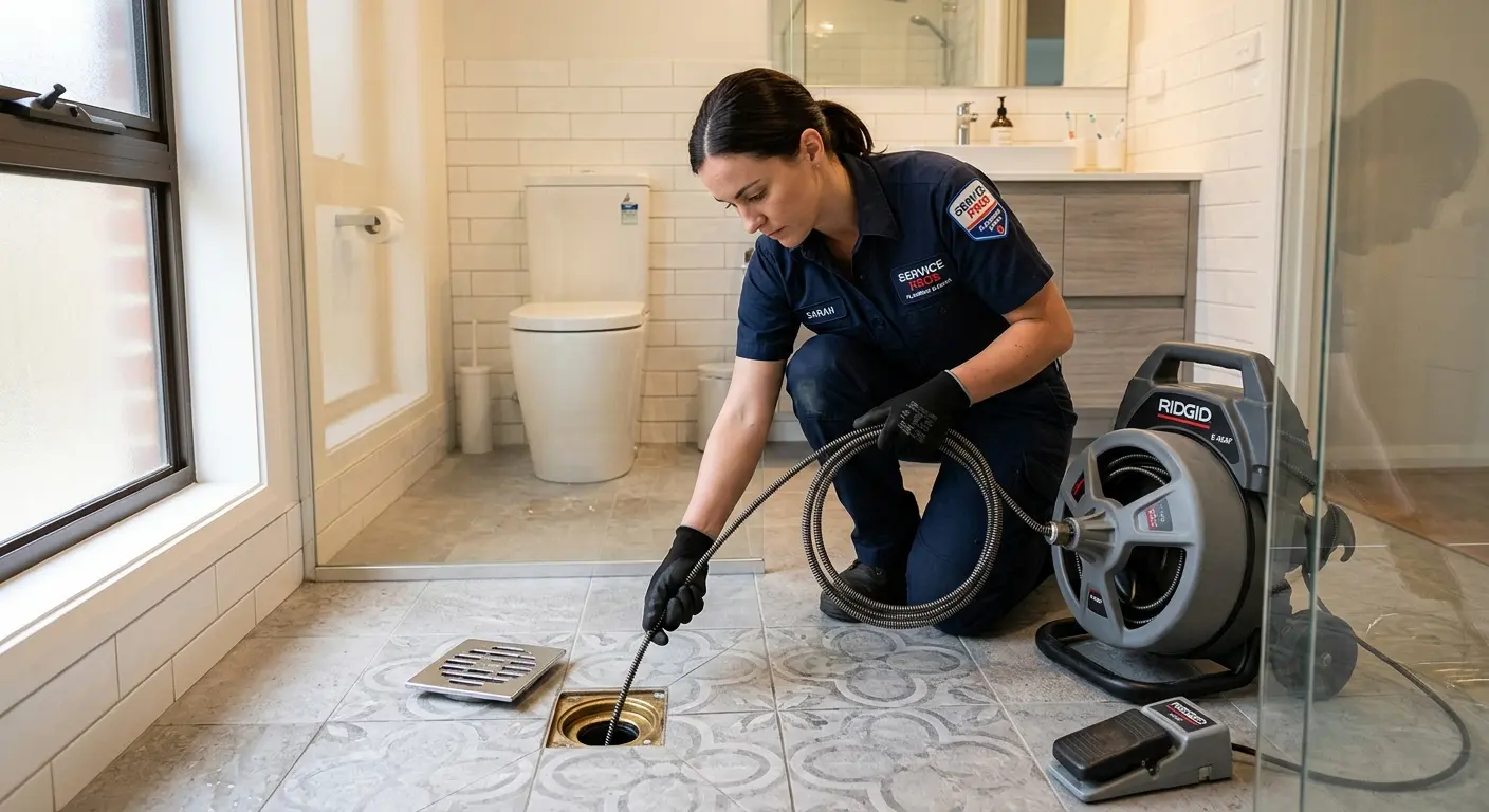 Technician clearing a bathroom floor drain for Clogged Drain Repair in Columbus